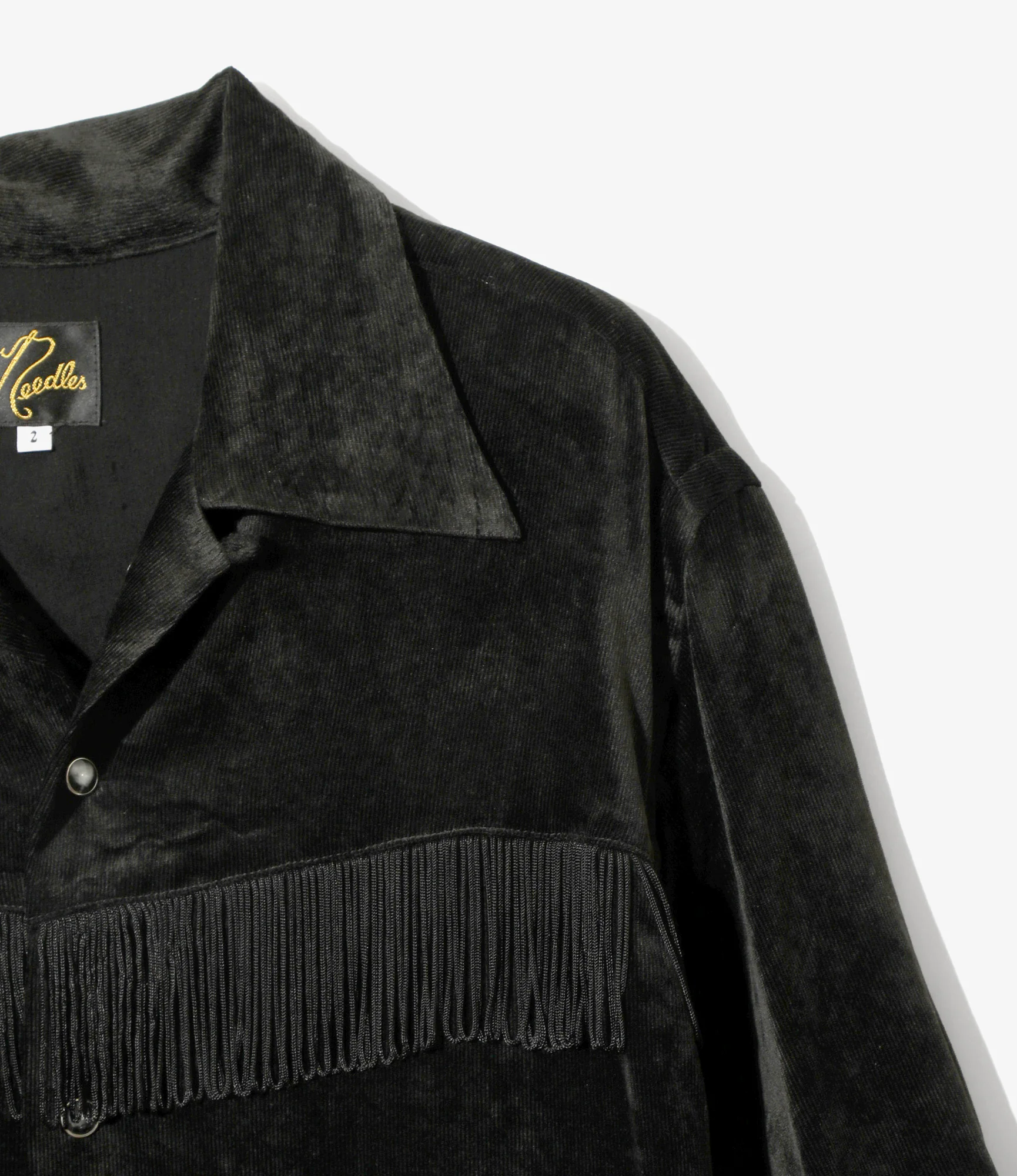 Women's Fringe Open Collar Shirt Dress - Black - Rayon Corduroy - Image 2