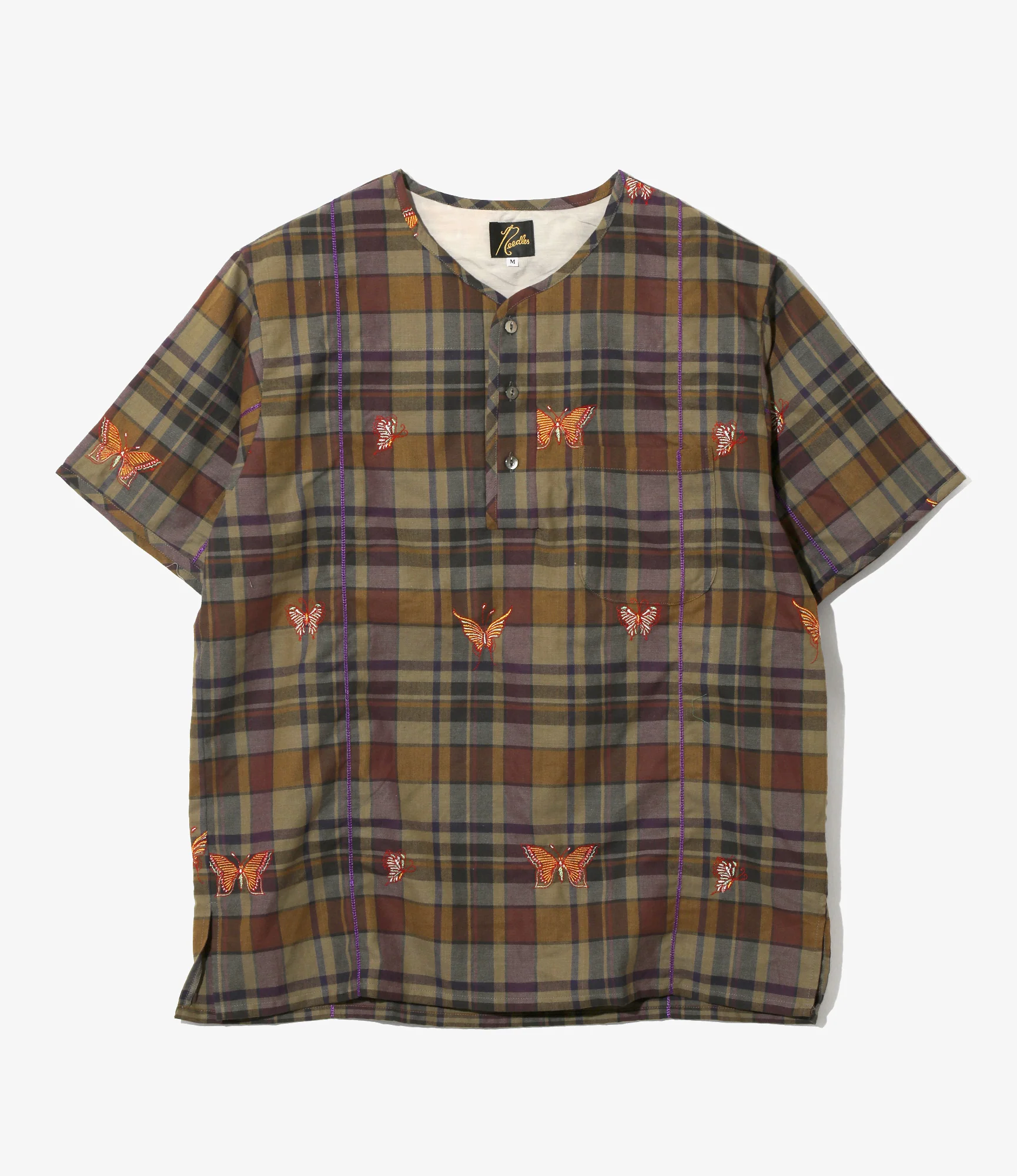 Women's S/S Henry Neck Shirt - Brown - Embroidered Madras Plaid